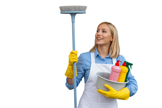 Enthusiastic Cleaner with Colorful Cleaning Supplies Smiling - Powered by Adobe