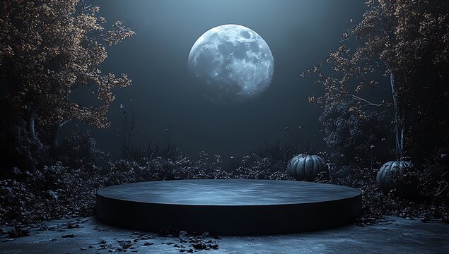 Dark Halloween forest scene with full moon and pumpkins on a circular platform night