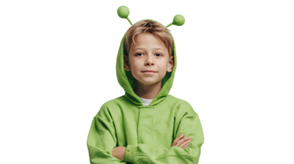 Happy young boy in a green alien costume with antenna, posing with crossed arms.