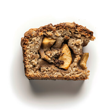 A slice of apple bread with a crumbly topping, showcasing chunks of baked apples inside.