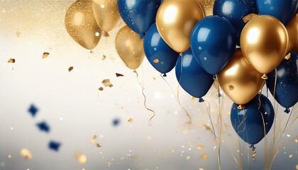 elegant gold and royal blue balloons with floating gold confetti against a bright on white background ai generated