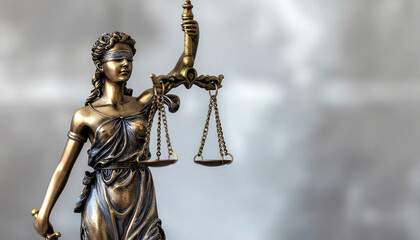 A bronze statue of Lady Justice, blindfolded, holding scales, symbolizes fairness and the rule of law