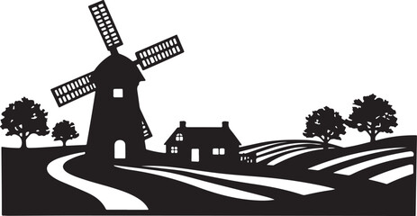 Rural Windmill Landscape Silhouettes