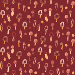Fun kid seamless pattern with acorns, mushrooms, berries . Simple abstract fall plants design hand drawn with watercolor. Autumn plants background for textile, fabric, wallpaper, packaging