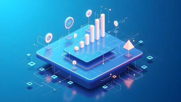 Isometric data analytics platform with a growing bar chart. Digital technology and business intelligence concept for financial growth.