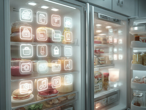 Modern refrigerator filled with digital icons, possibly representing subscriptions, on transparent door, tech-consumerism symbolism Interior well-stocked with various food items and bo - AI-Generated