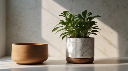 Fototapeta premium A plant in a marble pot and an empty brown pot on a white surface with sunlight shining on them