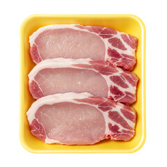 Fototapeta premium Raw Pork Cutlets Packed in Plastic Container Isolated