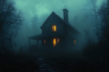 Dark stone house with glowing windows in foggy forest at night home building