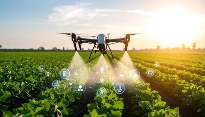 Drone spraying crops in a field at sunset with digital icons overlaying the plants.