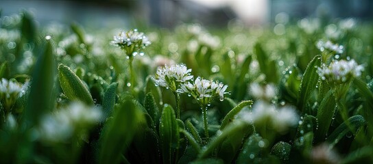 Obraz premium Delicate white flowers, glistening with morning dew, nestled amidst lush green foliage