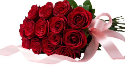 Isolated Background Red Rose Bouquet with Pink Ribbon Floral Gift Photo