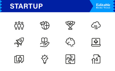 Startup Icon Set Featuring Business Launch, Innovation, Growth, and Entrepreneurship Symbols in Vector Style