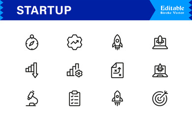 Startup Icon Set Featuring Business Launch, Innovation, Growth, and Entrepreneurship Symbols in Vector Style