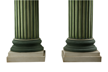 a pair of green and white columns with a clock on top