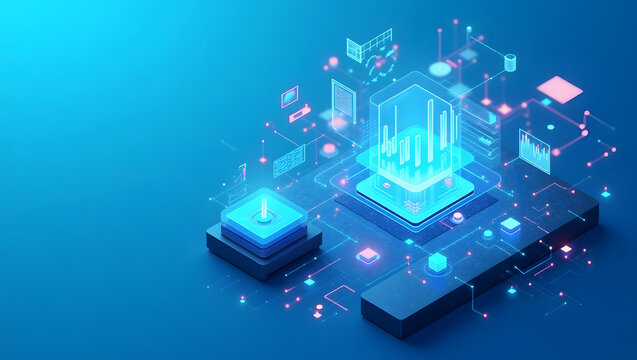 Futuristic isometric illustration of a glowing central processing unit, representing big data, cloud computing, and AI technology