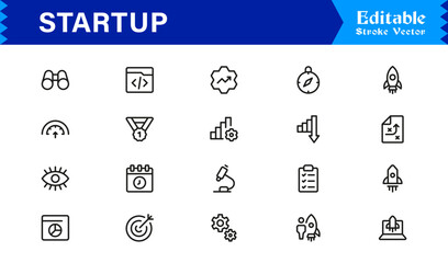 Startup Icon Set Featuring Business Launch, Innovation, Growth, and Entrepreneurship Symbols in Vector Style