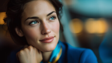 Fototapeta premium Stewardess gazing thoughtfully through terminal window, dreamy expression, soft lighting. 9