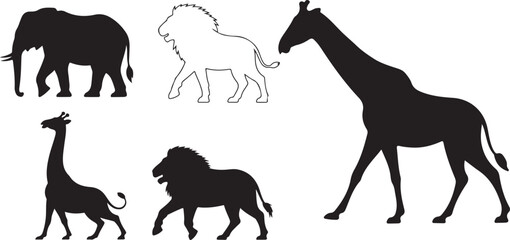 African wildlife silhouettes giraffe elephant and lion