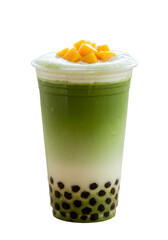 Isolated Matcha Boba Tea Drink With Mango Cubes Transparent Background