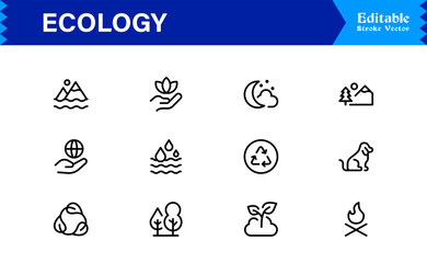 Ecology Icon Set Featuring Nature, Environment, Sustainability Symbols in Vector Style for Web, App, and Environmental Projects with Clean Line Illustrations