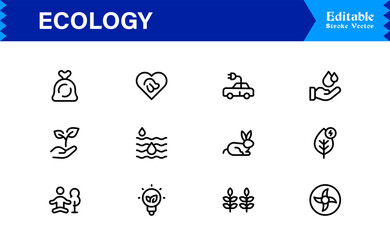 Ecology Icon Set Featuring Nature, Environment, Sustainability Symbols in Vector Style for Web, App, and Environmental Projects with Clean Line Illustrations