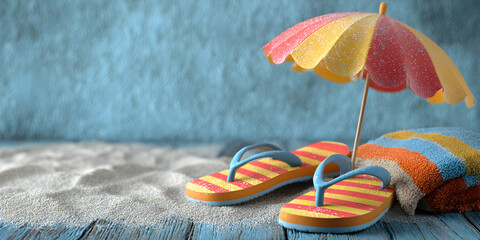 Beach scene with striped flip flops and colorful umbrella