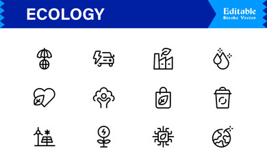 Ecology Icon Set Featuring Nature, Environment, Sustainability Symbols in Vector Style for Web, App, and Environmental Projects with Clean Line Illustrations
