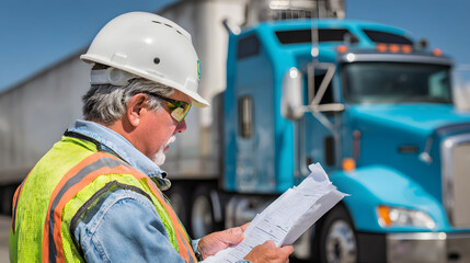 Focused Construction Worker Reviewing Documents Near a Blue Semi Truck
