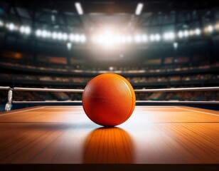 vibrant orange ball rests on table in spacious empty arena evoking sense of anticipation