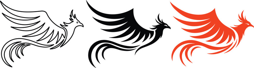 Phoenix Bird Tribal Tattoo Set Vector Illustration, Flying Phoenix Silhouette Logo in Three Styles.