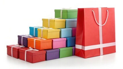 Obraz premium Colorful stack of gift boxes and a red shopping bag