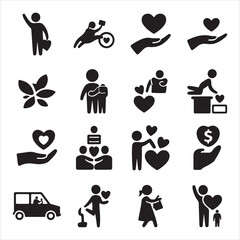Support and Donation Icons, Solid Style Fundraising and Social Care Vector Set