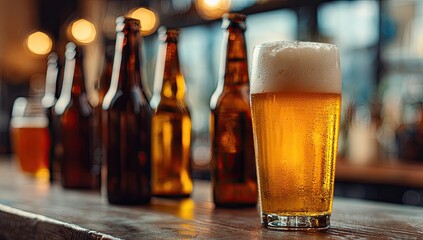 A glass of light-colored beer sits on a bar counter, surrounded by various dark-colored beer bottles