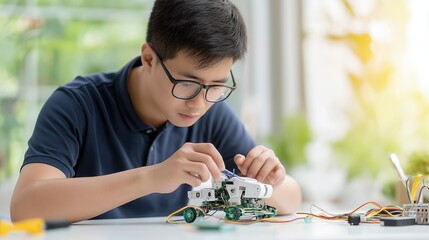 Focused young Asian engineer assembling a compact robotic vehicle with circuit components and wires, robotics innovation and technology education concept