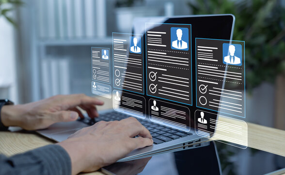 Businessmen using online checklist templates for HR management. Concept of digital recruitment, employee qualifications, and selecting top talent through HR documentation and applications.