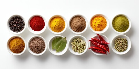 Naklejka premium Colorful spices in small white bowls on a white surface