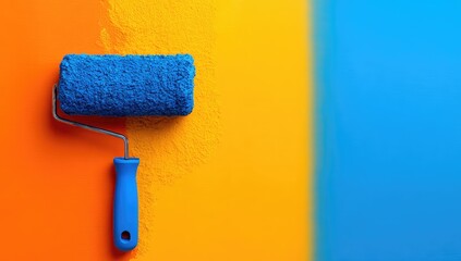Obraz premium Blue paint roller on a vibrant orange and blue background.