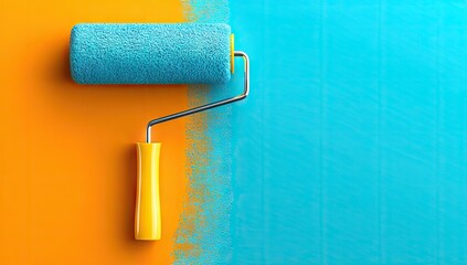 Paint roller on orange and blue surfaces.