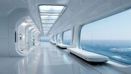 Sleek white corridor with ocean views