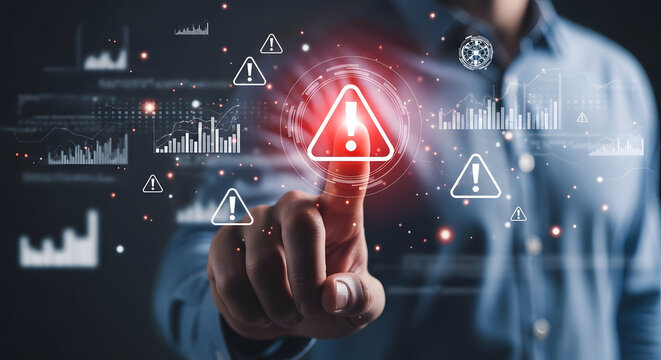 A person's finger points at a series of red warning signs, overlaid on a dark background, indicating potential issues or errors.