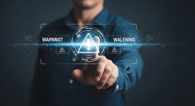A person interacts with a digital warning interface, highlighting a critical alert.