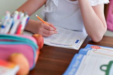 A young girl focuses on solving math problems in her workbook during a homeschool lesson. Ideal for concepts of homeschooling, independent learning, and early education.