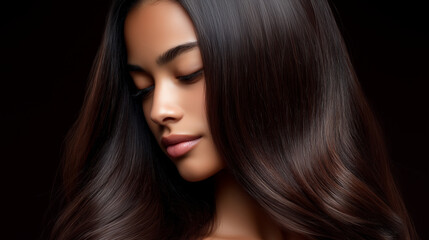 Naklejka premium Close-up portrait of a beautiful model with extra long, healthy, glossy hair cascading down her back, smooth texture, perfect volume, rich natural color, studio lighting shiny hair
