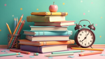 Colorful books, pencils, and an alarm clock on a pastel background.