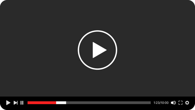 Modern multimedia video player with play button, streaming frame, and UI controls for social media apps and websites