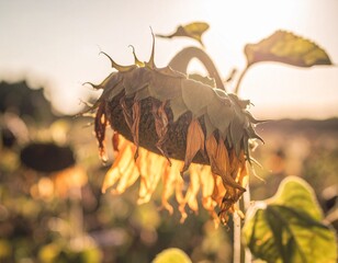 Obraz premium Sunflower in Golden Hour: A withered sunflower, its petals tinged with the warm hues of sunset, stands tall in a field. The late sunlight delicately illuminates its form.