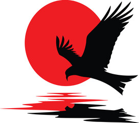 Black Bird Flying Over Water with Rising Sun.Minimalist Japanese Bird and Red Sun Illustration.