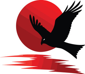 Black Bird Flying Over Water with Rising Sun.Minimalist Japanese Bird and Red Sun Illustration.