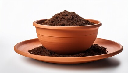 a terracotta pot filled with soil sitting on a saucer against in a studio shot white background